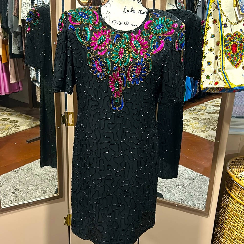 Vintage Denise Elle Silk Beaded Dress, Green, Gold and Pink and Blue.